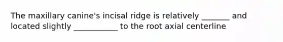 The maxillary canine's incisal ridge is relatively _______ and located slightly ___________ to the root axial centerline