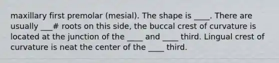 maxillary first premolar (mesial). The shape is ____. There are usually ___# roots on this side, the buccal crest of curvature is located at the junction of the ____ and ____ third. Lingual crest of curvature is neat the center of the ____ third.