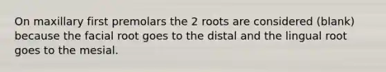 On maxillary first premolars the 2 roots are considered (blank) because the facial root goes to the distal and the lingual root goes to the mesial.