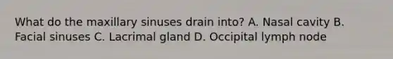 What do the maxillary sinuses drain into? A. Nasal cavity B. Facial sinuses C. Lacrimal gland D. Occipital lymph node
