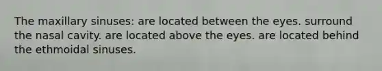 The maxillary sinuses: are located between the eyes. surround the nasal cavity. are located above the eyes. are located behind the ethmoidal sinuses.