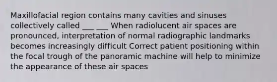 Maxillofacial region contains many cavities and sinuses collectively called ___ ___ When radiolucent air spaces are pronounced, interpretation of normal radiographic landmarks becomes increasingly difficult Correct patient positioning within the focal trough of the panoramic machine will help to minimize the appearance of these air spaces