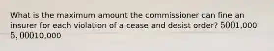 What is the maximum amount the commissioner can fine an insurer for each violation of a cease and desist order? 5001,000 5,00010,000