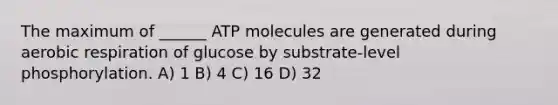 The maximum of ______ ATP molecules are generated during aerobic respiration of glucose by substrate-level phosphorylation. A) 1 B) 4 C) 16 D) 32