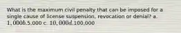 What is the maximum civil penalty that can be imposed for a single cause of license suspension, revocation or denial? a. 1,000 b.5,000 c. 10,000 d.100,000