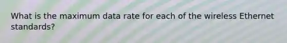 What is the maximum data rate for each of the wireless Ethernet standards?