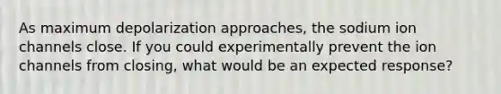 As maximum depolarization approaches, the sodium ion channels close. If you could experimentally prevent the ion channels from closing, what would be an expected response?