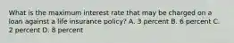 What is the maximum interest rate that may be charged on a loan against a life insurance policy? A. 3 percent B. 6 percent C. 2 percent D. 8 percent