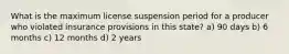 What is the maximum license suspension period for a producer who violated insurance provisions in this state? a) 90 days b) 6 months c) 12 months d) 2 years