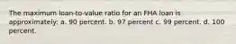 The maximum loan-to-value ratio for an FHA loan is approximately: a. 90 percent. b. 97 percent c. 99 percent. d. 100 percent.