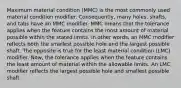 Maximum material condition (MMC) is the most commonly used material condition modifier. Consequently, many holes, shafts, and tabs have an MMC modifier. MMC means that the tolerance applies when the feature contains the most amount of material possible within the stated limits. In other words, an MMC modifier reflects both the smallest possible hole and the largest possible shaft. The opposite is true for the least material condition (LMC) modifier. Now, the tolerance applies when the feature contains the least amount of material within the allowable limits. An LMC modifier reflects the largest possible hole and smallest possible shaft.