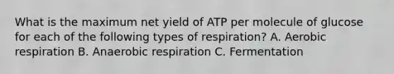 What is the maximum net yield of ATP per molecule of glucose for each of the following types of respiration? A. Aerobic respiration B. Anaerobic respiration C. Fermentation