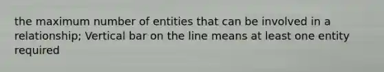 the maximum number of entities that can be involved in a relationship; Vertical bar on the line means at least one entity required