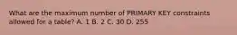 What are the maximum number of PRIMARY KEY constraints allowed for a table? A. 1 B. 2 C. 30 D. 255