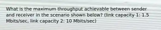 What is the maximum throughput achievable between sender and receiver in the scenario shown below? (link capacity 1: 1.5 Mbits/sec, link capacity 2: 10 Mbits/sec)