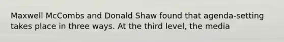 Maxwell McCombs and Donald Shaw found that agenda-setting takes place in three ways. At the third level, the media