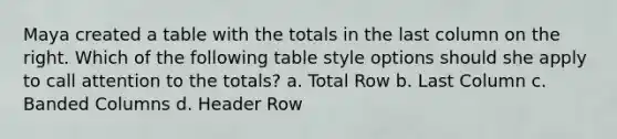 Maya created a table with the totals in the last column on the right. Which of the following table style options should she apply to call attention to the totals? a. Total Row b. Last Column c. Banded Columns d. Header Row