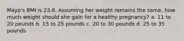 Maya's BMI is 23.8. Assuming her weight remains the same, how much weight should she gain for a healthy pregnancy? a. 11 to 20 pounds b. 15 to 25 pounds c. 20 to 30 pounds d. 25 to 35 pounds