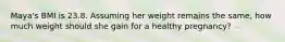 Maya's BMI is 23.8. Assuming her weight remains the same, how much weight should she gain for a healthy pregnancy?