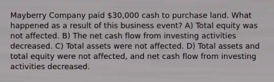 Mayberry Company paid 30,000 cash to purchase land. What happened as a result of this business event? A) Total equity was not affected. B) The net cash flow from investing activities decreased. C) Total assets were not affected. D) Total assets and total equity were not affected, and net cash flow from investing activities decreased.