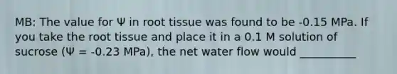 MB: The value for Ψ in root tissue was found to be -0.15 MPa. If you take the root tissue and place it in a 0.1 M solution of sucrose (Ψ = -0.23 MPa), the net water flow would __________