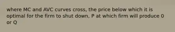 where MC and AVC curves cross, the price below which it is optimal for the firm to shut down, P at which firm will produce 0 or Q