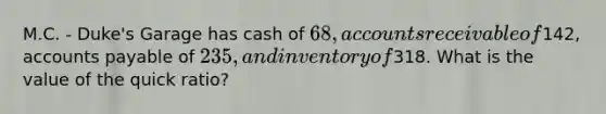 M.C. - Duke's Garage has cash of 68, accounts receivable of142, accounts payable of 235, and inventory of318. What is the value of the quick ratio?