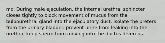 mc: During male ejaculation, the internal urethral sphincter closes tightly to block movement of mucus from the bulbourethral gland into the ejaculatory duct. isolate the ureters from the <a href='https://www.questionai.com/knowledge/kb9SdfFdD9-urinary-bladder' class='anchor-knowledge'>urinary bladder</a>. prevent urine from leaking into the urethra. keep sperm from moving into the ductus deferens.