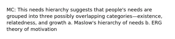 MC: This needs hierarchy suggests that people's needs are grouped into three possibly overlapping categories—existence, relatedness, and growth a. Maslow's hierarchy of needs b. ERG theory of motivation