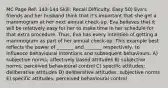 MC Page Ref: 143-144 Skill: Recall Difficulty: Easy 50) Eva's friends and her husband think that it's important that she get a mammogram at her next annual check-up. Eva believes that it will be relatively easy for her to make time in her schedule for that extra procedure. Thus, Eva has every intention of getting a mammogram as part of her annual check-up. This example best reflects the power of _______ and _______ respectively, to influence behavioural intentions and subsequent behaviours. A) subjective norms; affectively based attitudes B) subjective norms; perceived behavioural control C) specific attitudes; deliberative attitudes D) deliberative attitudes; subjective norms E) specific attitudes; perceived behavioural control