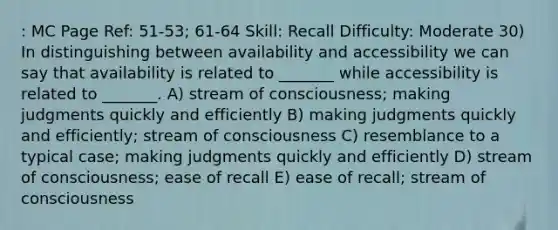 : MC Page Ref: 51-53; 61-64 Skill: Recall Difficulty: Moderate 30) In distinguishing between availability and accessibility we can say that availability is related to _______ while accessibility is related to _______. A) stream of consciousness; making judgments quickly and efficiently B) making judgments quickly and efficiently; stream of consciousness C) resemblance to a typical case; making judgments quickly and efficiently D) stream of consciousness; ease of recall E) ease of recall; stream of consciousness