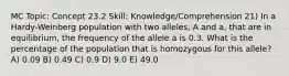 MC Topic: Concept 23.2 Skill: Knowledge/Comprehension 21) In a Hardy-Weinberg population with two alleles, A and a, that are in equilibrium, the frequency of the allele a is 0.3. What is the percentage of the population that is homozygous for this allele? A) 0.09 B) 0.49 C) 0.9 D) 9.0 E) 49.0