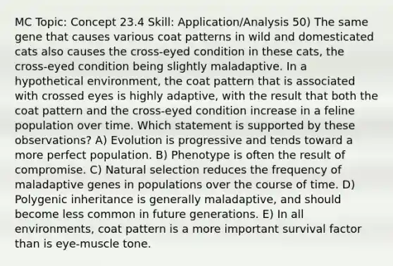 MC Topic: Concept 23.4 Skill: Application/Analysis 50) The same gene that causes various coat patterns in wild and domesticated cats also causes the cross-eyed condition in these cats, the cross-eyed condition being slightly maladaptive. In a hypothetical environment, the coat pattern that is associated with crossed eyes is highly adaptive, with the result that both the coat pattern and the cross-eyed condition increase in a feline population over time. Which statement is supported by these observations? A) Evolution is progressive and tends toward a more perfect population. B) Phenotype is often the result of compromise. C) Natural selection reduces the frequency of maladaptive genes in populations over the course of time. D) Polygenic inheritance is generally maladaptive, and should become less common in future generations. E) In all environments, coat pattern is a more important survival factor than is eye-muscle tone.