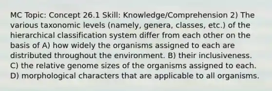 MC Topic: Concept 26.1 Skill: Knowledge/Comprehension 2) The various taxonomic levels (namely, genera, classes, etc.) of the hierarchical classification system differ from each other on the basis of A) how widely the organisms assigned to each are distributed throughout the environment. B) their inclusiveness. C) the relative genome sizes of the organisms assigned to each. D) morphological characters that are applicable to all organisms.