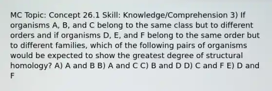 MC Topic: Concept 26.1 Skill: Knowledge/Comprehension 3) If organisms A, B, and C belong to the same class but to different orders and if organisms D, E, and F belong to the same order but to different families, which of the following pairs of organisms would be expected to show the greatest degree of structural homology? A) A and B B) A and C C) B and D D) C and F E) D and F