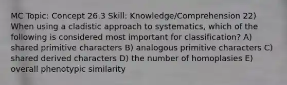 MC Topic: Concept 26.3 Skill: Knowledge/Comprehension 22) When using a cladistic approach to systematics, which of the following is considered most important for classification? A) shared primitive characters B) analogous primitive characters C) shared derived characters D) the number of homoplasies E) overall phenotypic similarity