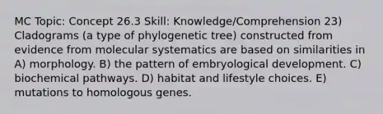 MC Topic: Concept 26.3 Skill: Knowledge/Comprehension 23) Cladograms (a type of phylogenetic tree) constructed from evidence from molecular systematics are based on similarities in A) morphology. B) the pattern of embryological development. C) biochemical pathways. D) habitat and lifestyle choices. E) mutations to homologous genes.