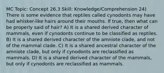 MC Topic: Concept 26.3 Skill: Knowledge/Comprehension 24) There is some evidence that reptiles called cynodonts may have had whisker-like hairs around their mouths. If true, then what can be properly said of hair? A) It is a shared derived character of mammals, even if cynodonts continue to be classified as reptiles. B) It is a shared derived character of the amniote clade, and not of the mammal clade. C) It is a shared ancestral character of the amniote clade, but only if cynodonts are reclassified as mammals. D) It is a shared derived character of the mammals, but only if cynodonts are reclassified as mammals.