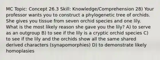 MC Topic: Concept 26.3 Skill: Knowledge/Comprehension 28) Your professor wants you to construct a phylogenetic tree of orchids. She gives you tissue from seven orchid species and one lily. What is the most likely reason she gave you the lily? A) to serve as an outgroup B) to see if the lily is a cryptic orchid species C) to see if the lily and the orchids show all the same shared derived characters (synapomorphies) D) to demonstrate likely homoplasies