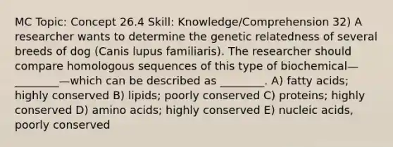 MC Topic: Concept 26.4 Skill: Knowledge/Comprehension 32) A researcher wants to determine the genetic relatedness of several breeds of dog (Canis lupus familiaris). The researcher should compare homologous sequences of this type of biochemical—________—which can be described as ________. A) fatty acids; highly conserved B) lipids; poorly conserved C) proteins; highly conserved D) amino acids; highly conserved E) nucleic acids, poorly conserved