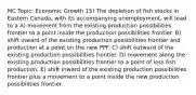 MC Topic: Economic Growth 15) The depletion of fish stocks in Eastern Canada, with its accompanying unemployment, will lead to a A) movement from the existing production possibilities frontier to a point inside the production possibilities frontier. B) shift inward of the existing production possibilities frontier and production at a point on the new PPF. C) shift outward of the existing production possibilities frontier. D) movement along the existing production possibilities frontier to a point of less fish production. E) shift inward of the existing production possibilities frontier plus a movement to a point inside the new production possibilities frontier.