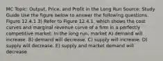 MC Topic: Output, Price, and Profit in the Long Run Source: Study Guide Use the figure below to answer the following questions. Figure 12.4.1 3) Refer to Figure 12.4.1, which shows the cost curves and marginal revenue curve of a firm in a perfectly competitive market. In the long run, market A) demand will increase. B) demand will decrease. C) supply will increase. D) supply will decrease. E) supply and market demand will decrease.