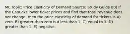 MC Topic: Price Elasticity of Demand Source: Study Guide 80) If the Canucks lower ticket prices and find that total revenue does not change, then the price elasticity of demand for tickets is A) zero. B) greater than zero but less than 1. C) equal to 1. D) greater than 1. E) negative.