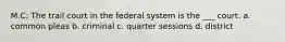 M.C: The trail court in the federal system is the ___ court. a. common pleas b. criminal c. quarter sessions d. district