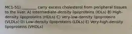 MC1-51) ________ carry excess cholesterol from peripheral tissues to the liver. A) Intermediate-density lipoproteins (IDLs) B) High-density lipoproteins (HDLs) C) Very-low-density lipoproteins (VLDLs) D) Low-density lipoproteins (LDLs) E) Very-high-density lipoproteins (VHDLs)