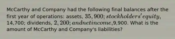 McCarthy and Company had the following final balances after the first year of operations: assets, 35,900; stockholders' equity,14,700; dividends, 2,200; and net income,9,900. What is the amount of McCarthy and Company's liabilities?