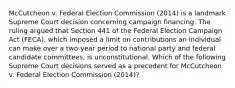 McCutcheon v. Federal Election Commission (2014) is a landmark Supreme Court decision concerning campaign financing. The ruling argued that Section 441 of the Federal Election Campaign Act (FECA), which imposed a limit on contributions an individual can make over a two-year period to national party and federal candidate committees, is unconstitutional. Which of the following Supreme Court decisions served as a precedent for McCutcheon v. Federal Election Commission (2014)?