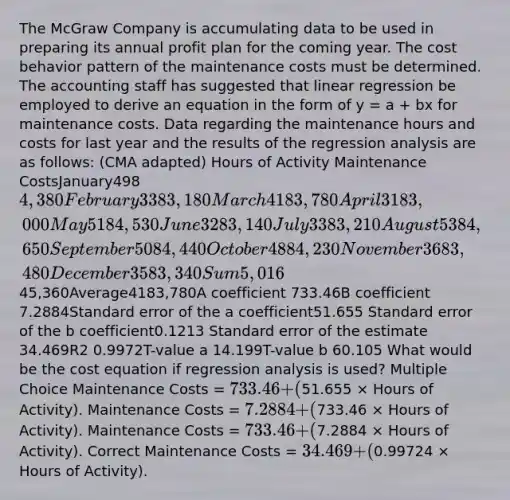 The McGraw Company is accumulating data to be used in preparing its annual profit plan for the coming year. The cost behavior pattern of the maintenance costs must be determined. The accounting staff has suggested that linear regression be employed to derive an equation in the form of y = a + bx for maintenance costs. Data regarding the maintenance hours and costs for last year and the results of the regression analysis are as follows: (CMA adapted) Hours of Activity Maintenance CostsJanuary4984,380February3383,180March4183,780April3183,000May5184,530June3283,140July3383,210August5384,650September5084,440October4884,230November3683,480December3583,340Sum5,016 45,360Average4183,780A coefficient 733.46B coefficient 7.2884Standard error of the a coefficient51.655 Standard error of the b coefficient0.1213 Standard error of the estimate 34.469R2 0.9972T-value a 14.199T-value b 60.105 What would be the cost equation if regression analysis is used? Multiple Choice Maintenance Costs = 733.46 + (51.655 × Hours of Activity). Maintenance Costs = 7.2884 + (733.46 × Hours of Activity). Maintenance Costs = 733.46 + (7.2884 × Hours of Activity). Correct Maintenance Costs = 34.469 + (0.99724 × Hours of Activity).