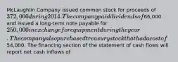 McLaughlin Company issued common stock for proceeds of 372,000 during 2014. The company paid dividends of66,000 and issued a long-term note payable for 250,000 in exchange for equipment during the year. The company also purchased treasury stock that had a cost of54,000. The financing section of the statement of cash flows will report net cash inflows of