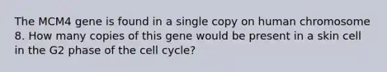 The MCM4 gene is found in a single copy on human chromosome 8. How many copies of this gene would be present in a skin cell in the G2 phase of the cell cycle?